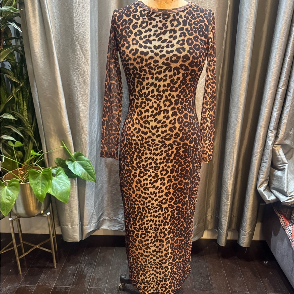 Mango Brown Leopard Long Sleeve Dress